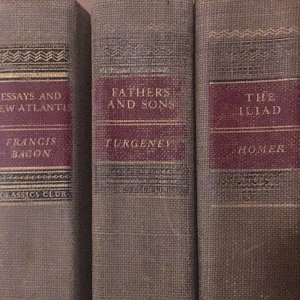 3 “Classics Club" Vintage Distressed Hardcover Books: Homer, Turgenev, Bacon